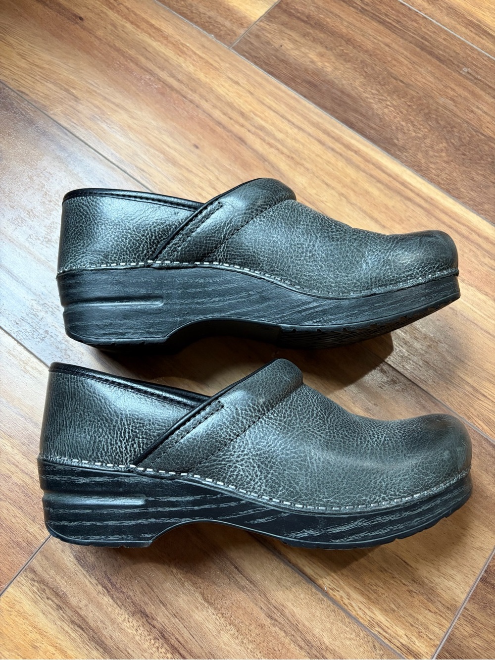 Dansko Grey Black Leather Clogs